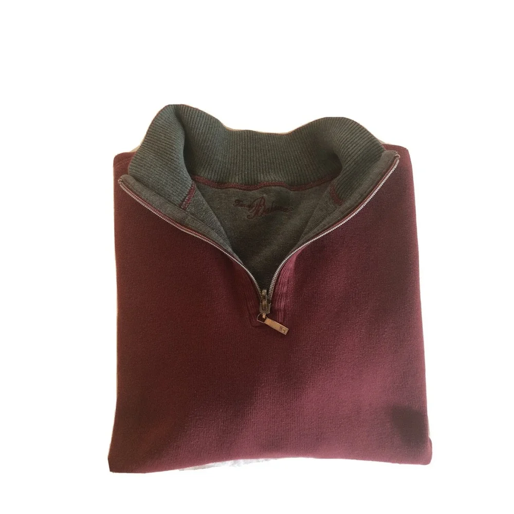 Men's TOMMY BAHAMA Sweater Reversible Size L Cotton 1/4 zip ribbed maroon gray